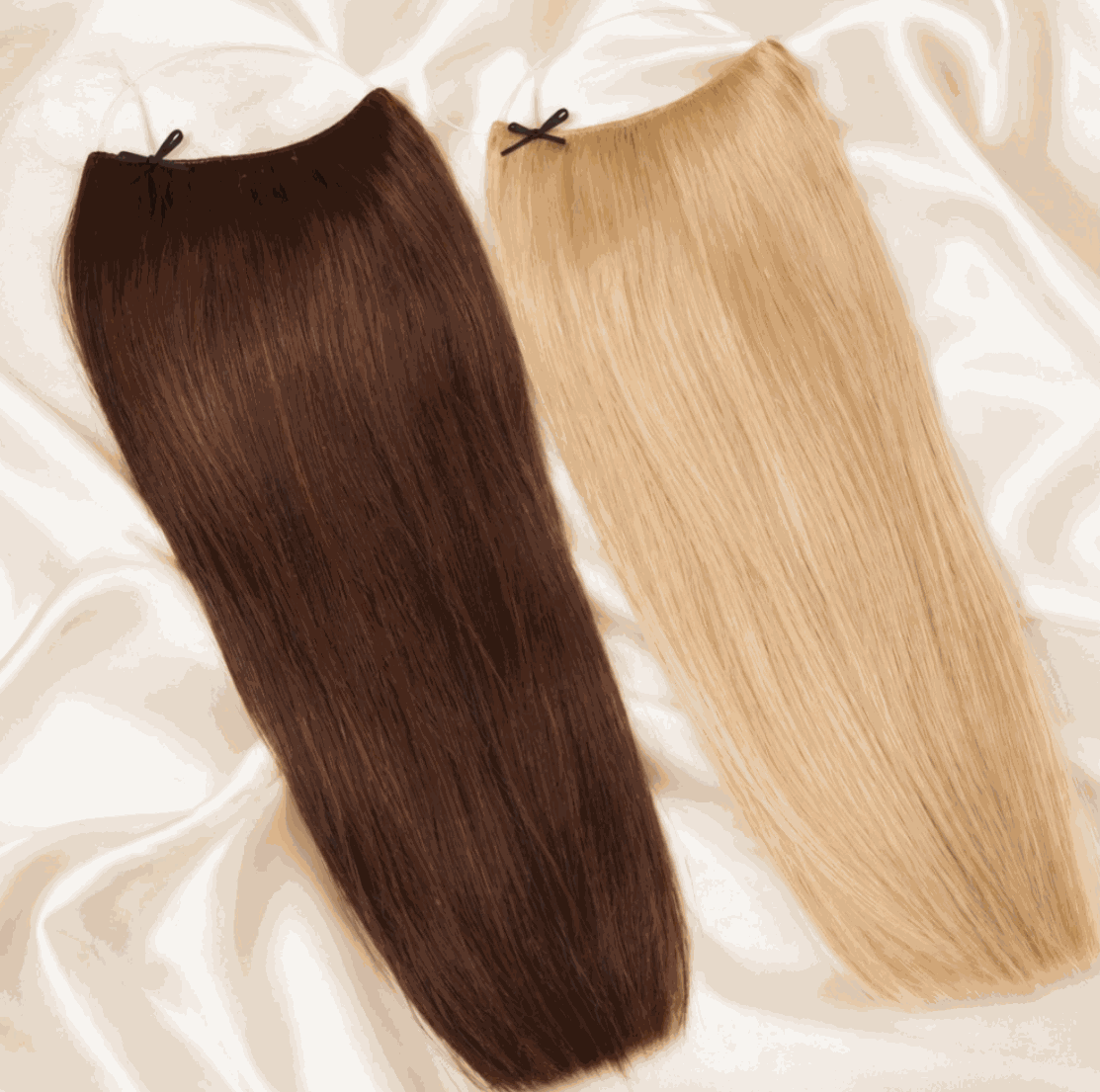Woman wearing halo hair extensions showing length and volume transformations with adjustable wire design