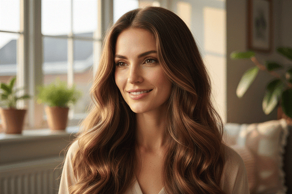 Woman with long, wavy chestnut brown hair wearing natural makeup, demonstrating smooth Invisible Wire Hair Extensions with subtle highlights.