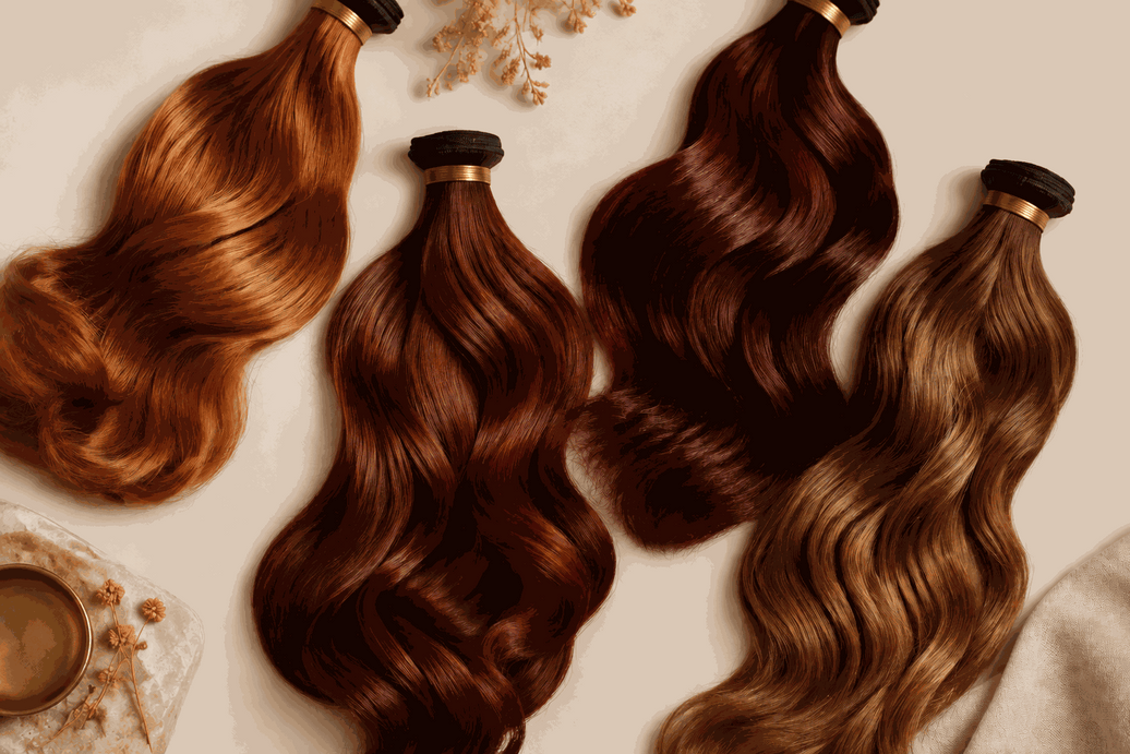 Four clip-in hair extensions in warm Autumn Hair Colours, featuring glossy copper, spiced auburn, rich merlot, and golden brown wavy shades.