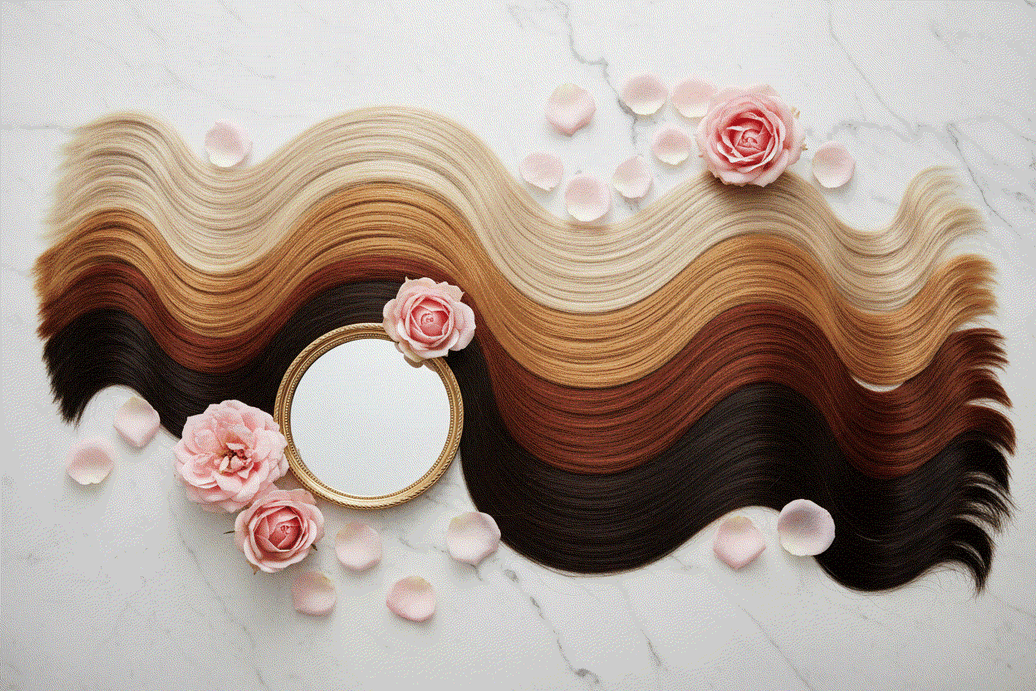 Hair extension shade color matching guide showing natural hair strands and extension samples in natural light