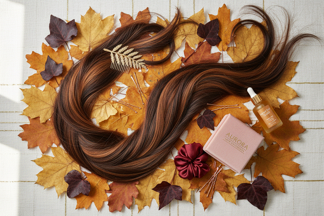 Woman wearing rich chestnut brown Halo Hair Extensions with autumn leaves background