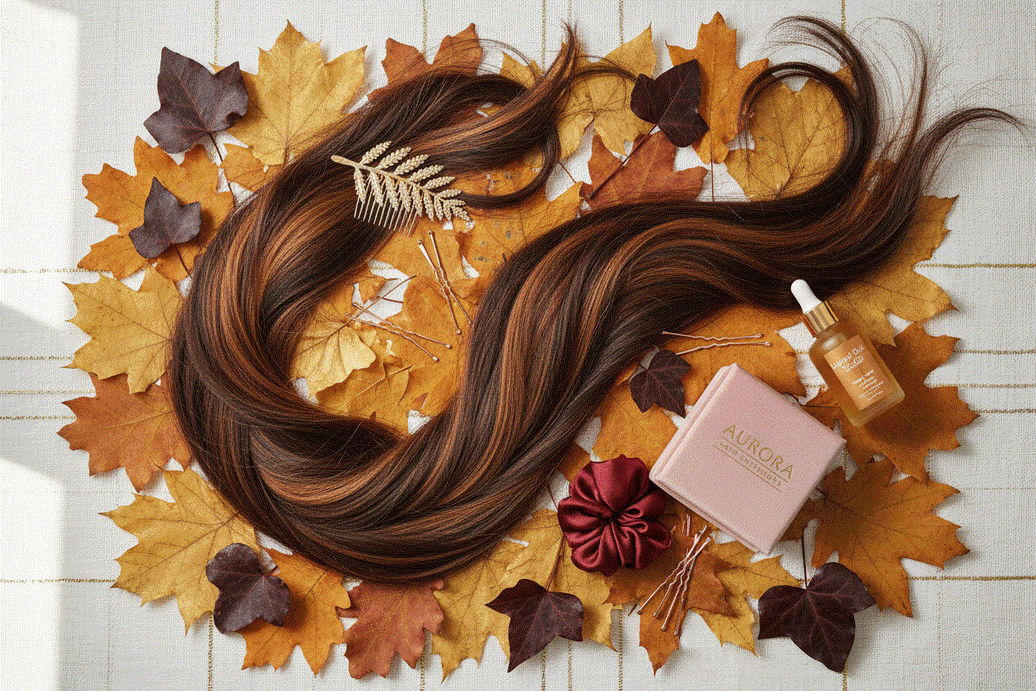 Woman wearing rich chestnut brown Halo Hair Extensions with autumn leaves background