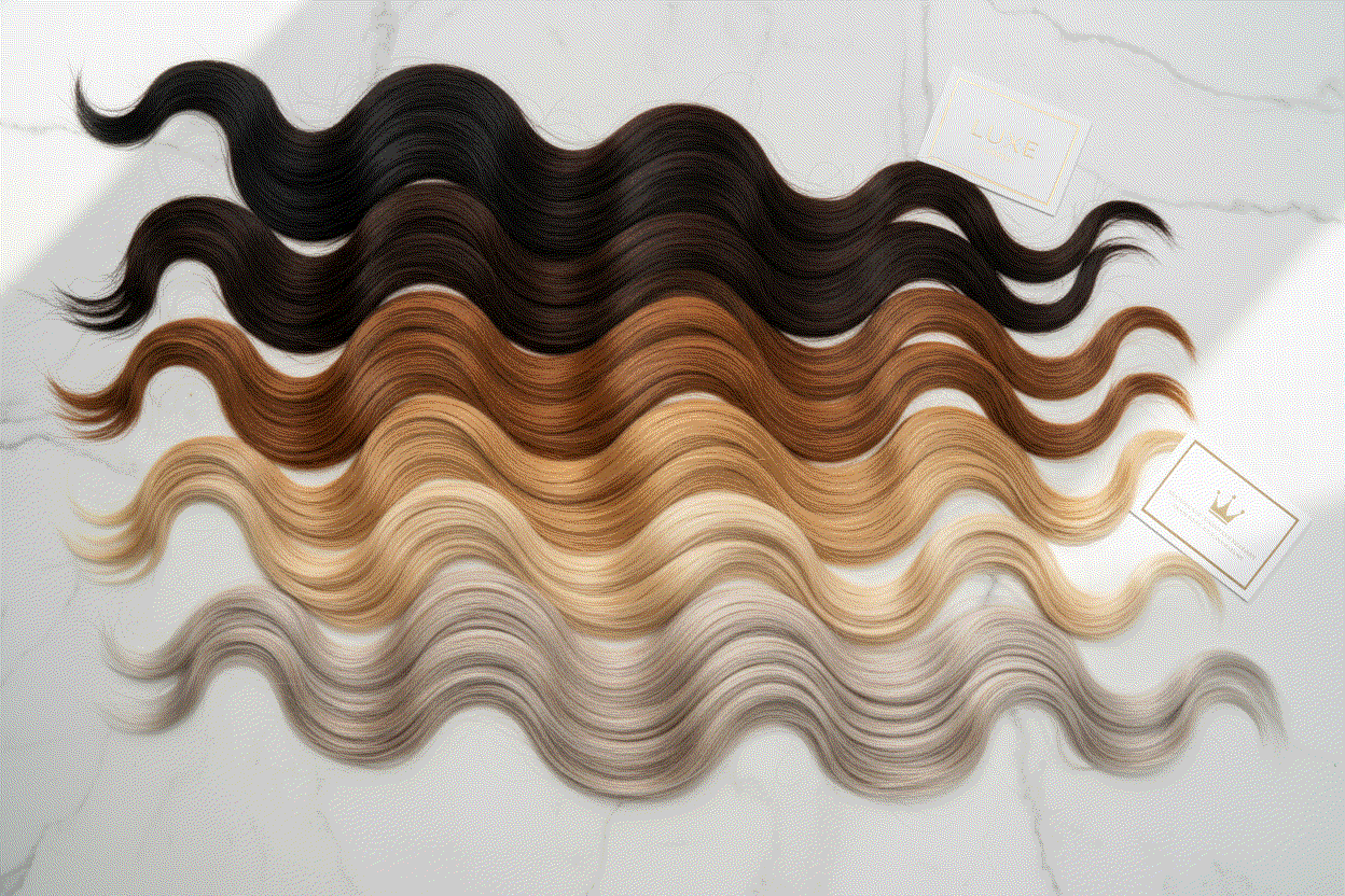 Halo Hair Extensions shade guide displaying a range of natural hair colors from jet black to platinum blonde with mixed shade options for perfect color matching