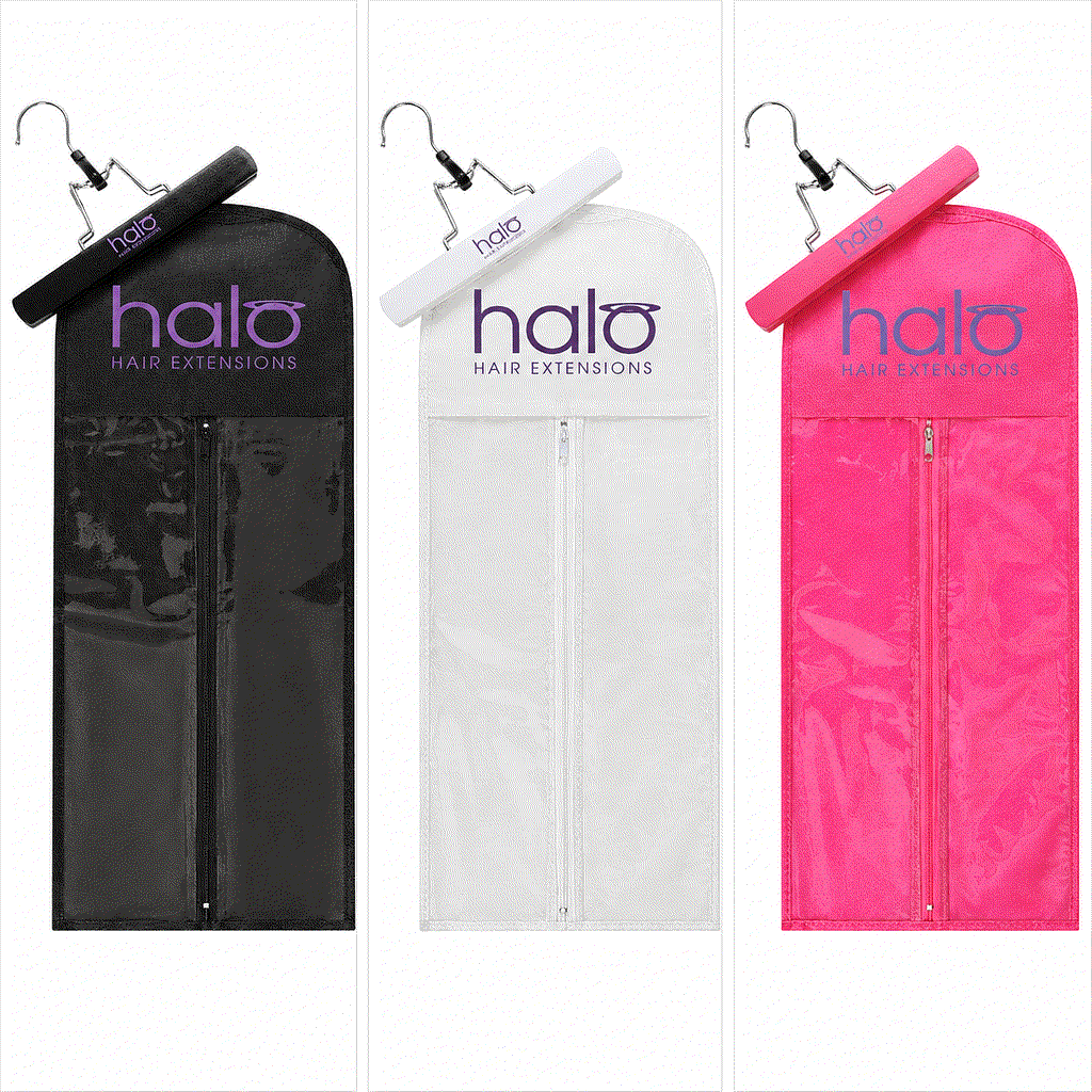 Halo hair extension storage bags in black, white and bright pink with translucent floral-patterned panels and hooks; Colour Match Human Hair guide offer.