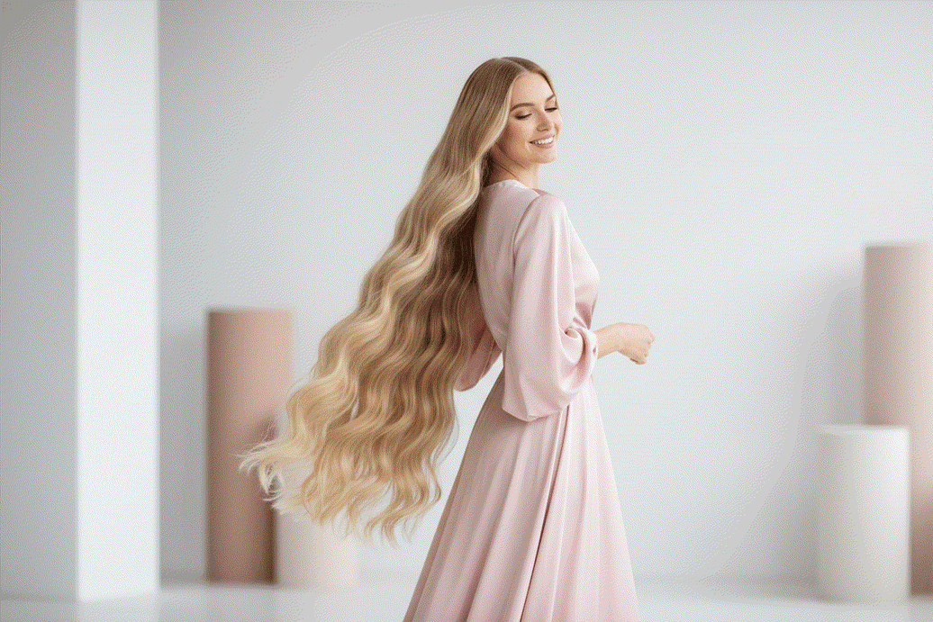Woman showcasing long, voluminous hair with clip-in hair extensions
