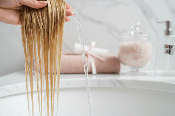 Woman gently washing halo hair extensions with sulfate-free shampoo and conditioner