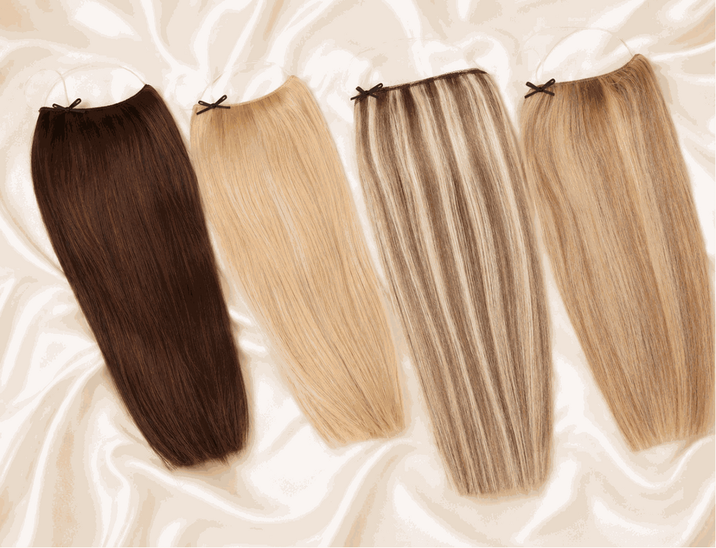 Woman with long, voluminous hair wearing Halo Hair Extensions showcasing natural, seamless hair enhancement
