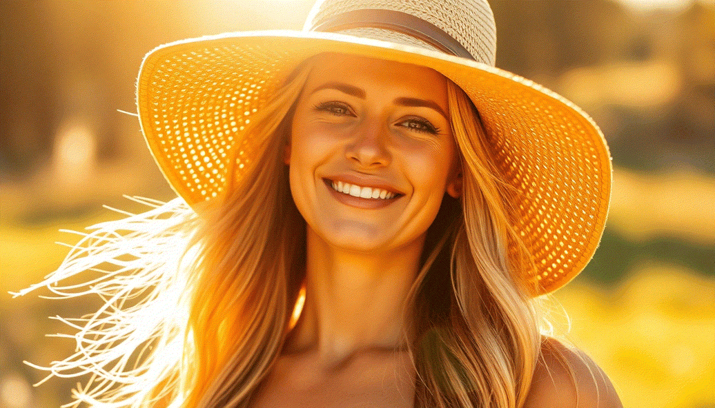 woman applying hair sunscreen spray outdoors during summer to protect hair from sun damage