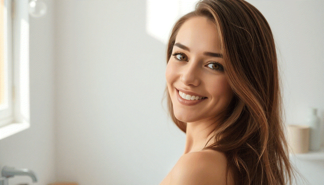 Woman following hair care routine with healthy, shiny hair and hair extensions