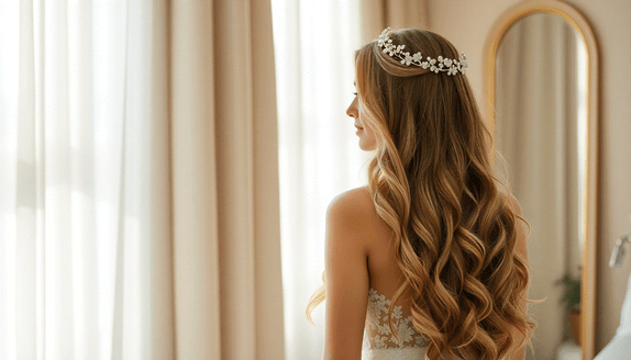 Bride with elegant wedding hairstyle enhanced by natural-looking Halo Hair Extensions