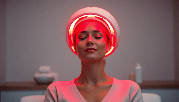 Scalp receiving red light therapy to stimulate hair follicle growth and improve hair health