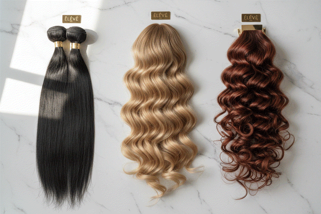 Comparison of straight, wavy, and curly Syn Halo Hair Extensions textures for natural hair matching