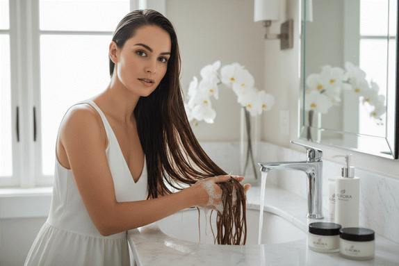 Woman washing and conditioning halo hair extensions with gentle care routine