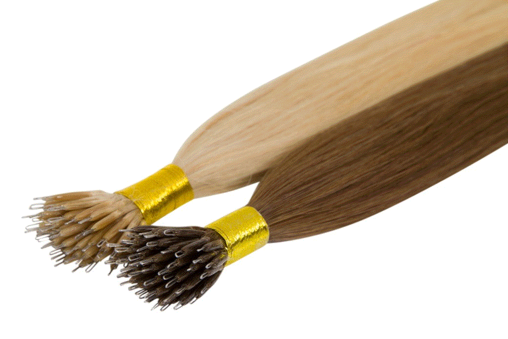 Close-up of pre-bonded hair extensions showcasing smooth, fused tips