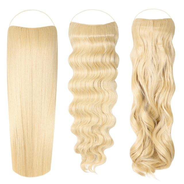 Syn Halo Hair Extensions in blonde synthetic hair, shown in straight, soft wave and loose curl styles with halo wires