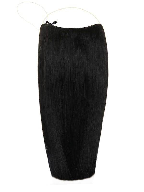The Halo Hair Extensions Jet Black #1 with adjustable clear wire, no clips, no glue, suitable for thin hair, available in multiple lengths.