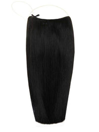 The Halo Hair Extensions Jet Black #1 with adjustable clear wire, no clips, no glue, suitable for thin hair, available in multiple lengths.