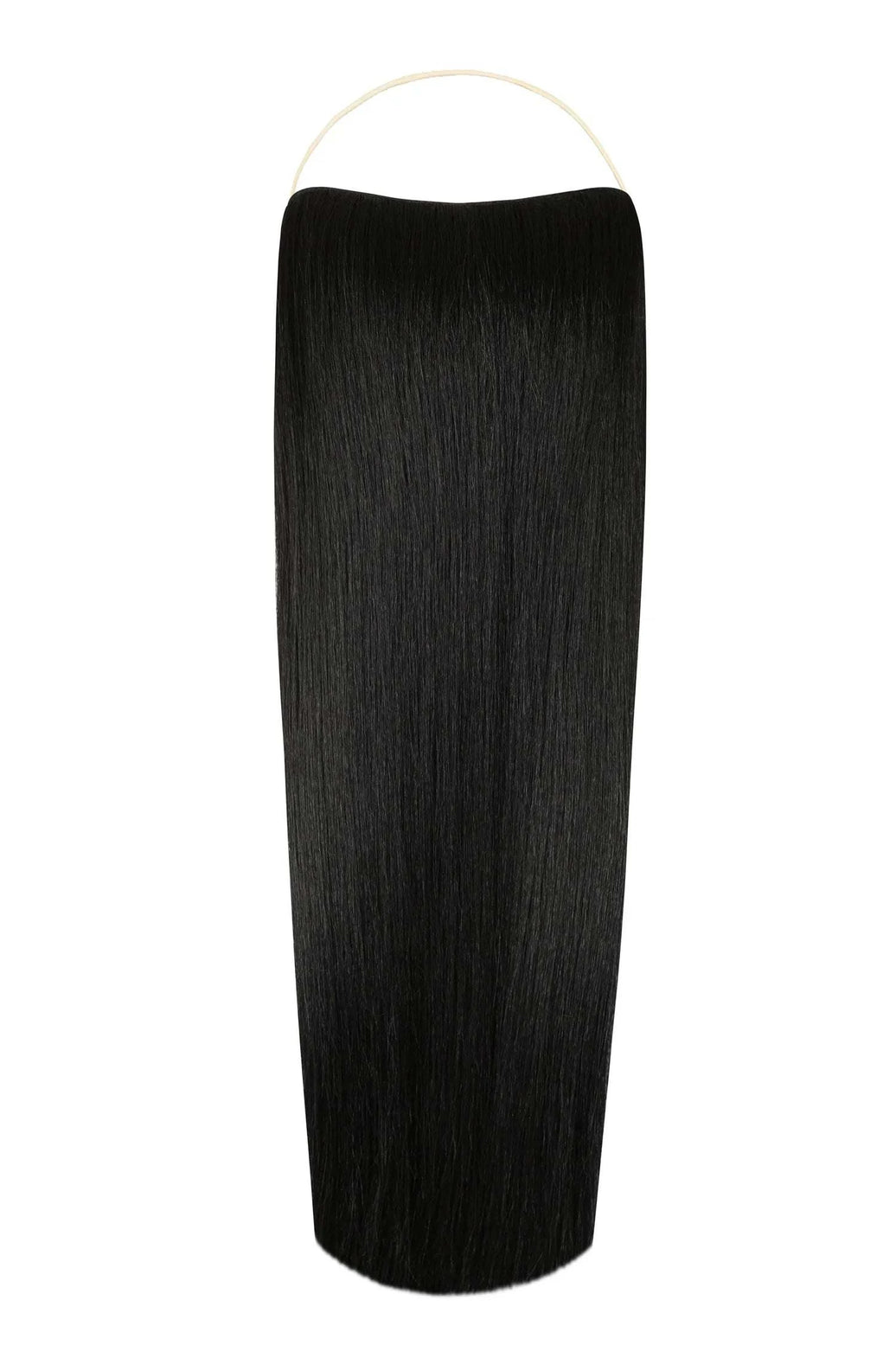 Close-up of straight Syn Halo hair extensions made from premium Kanekalon synthetic fibers with seamless natural look