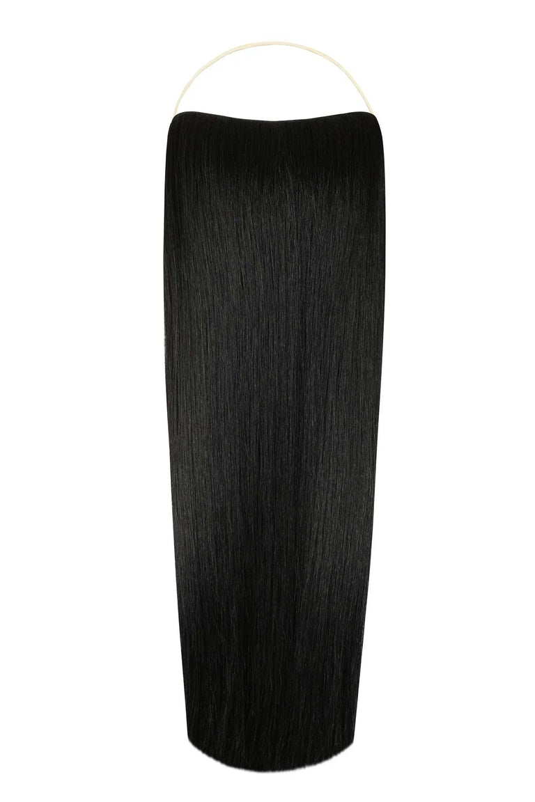 Close-up of straight Syn Halo hair extensions made from premium Kanekalon synthetic fibers with seamless natural look