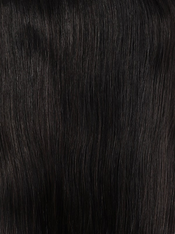 Clip-in hair extensions, Bang Booster - Natural Black #1B, sleek straight strands in a deep natural black shade.