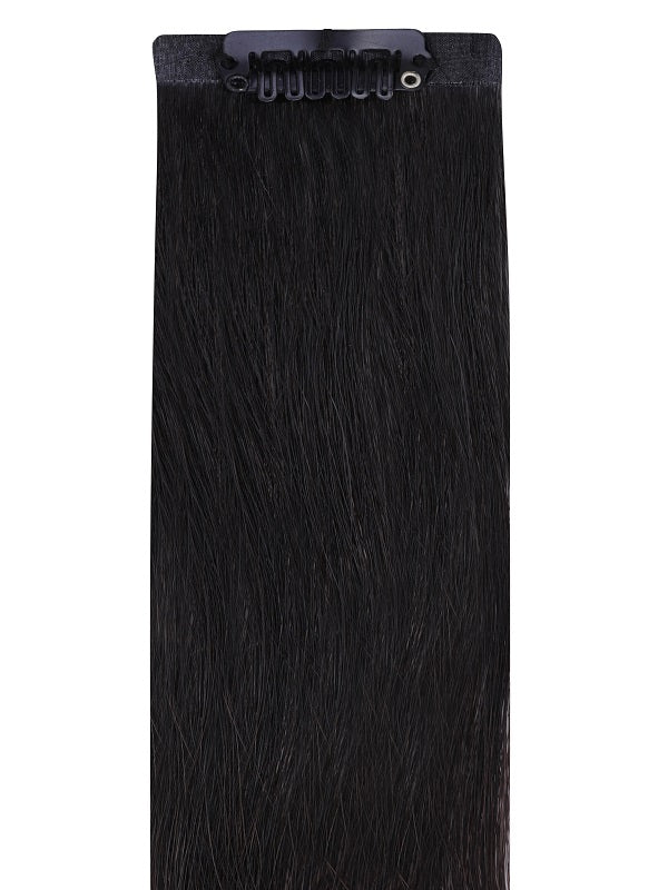 Clip-in hair extension, Bang Booster - Natural Black #1B, sleek straight black hair with a discreet row of mini clips.