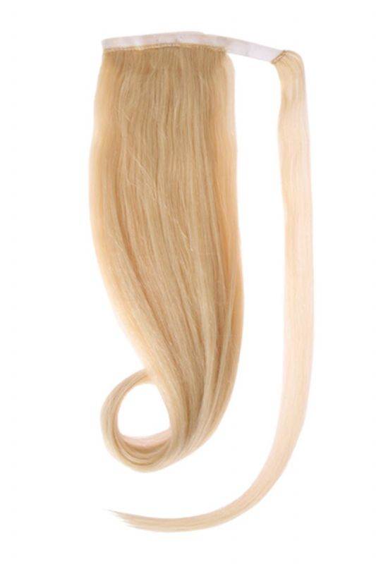 Light blonde #613 ponytail hair extension made of 100% Indian human Remy hair, 20" and 24" lengths, voluminous and easy to attach.
