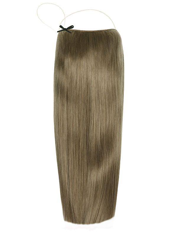 Halo Ash Brown hair extensions with adjustable clear wire for natural look, no clips or glue, available in multiple lengths and weights.