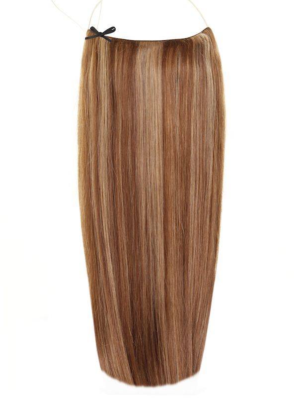 Halo Hair Extensions Mixed #4/8 with adjustable clear wire and natural finish on thin hair