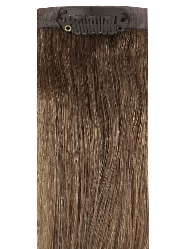 Clip-in hair extension, Bang Booster - Dark Ash Brown in straight Remy human hair with subtle ash-brown highlights and a mini clip.