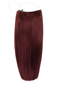 The Halo Plum #99J hair extensions in deep plum shade with adjustable clear wire and no-damage design