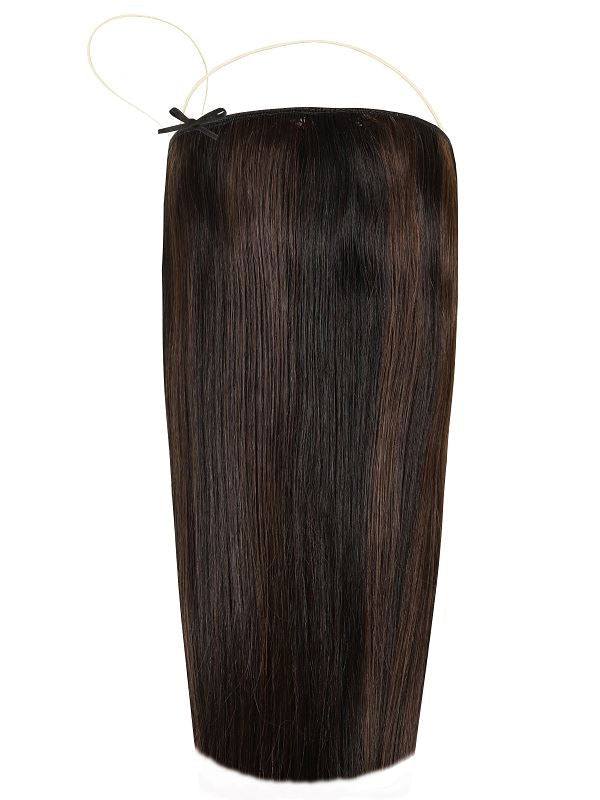 Deluxe Halo Hair Extensions in Espresso #1B/2 with adjustable clear wire and no-damage design