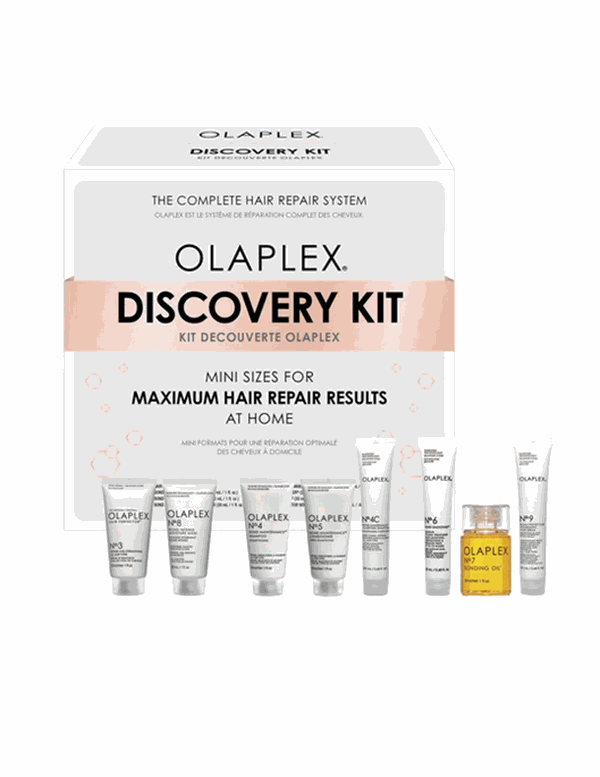 Olaplex Discovery Kit with hair care samples including No.3 Perfector, No.8 Moisture Mask, No.4 Shampoo, No.5 Conditioner, and No.7 Bonding Oil