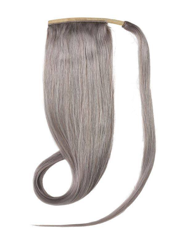 Grey ponytail hair extensions made from 100% Indian human Remy hair, available in 20" and 24" lengths, designed for easy volumizing and lengthening.