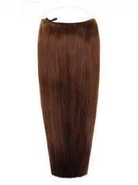 Premium Halo Hair Extensions in Chocolate Brown #4 with adjustable clear wire, no clips, and natural finish