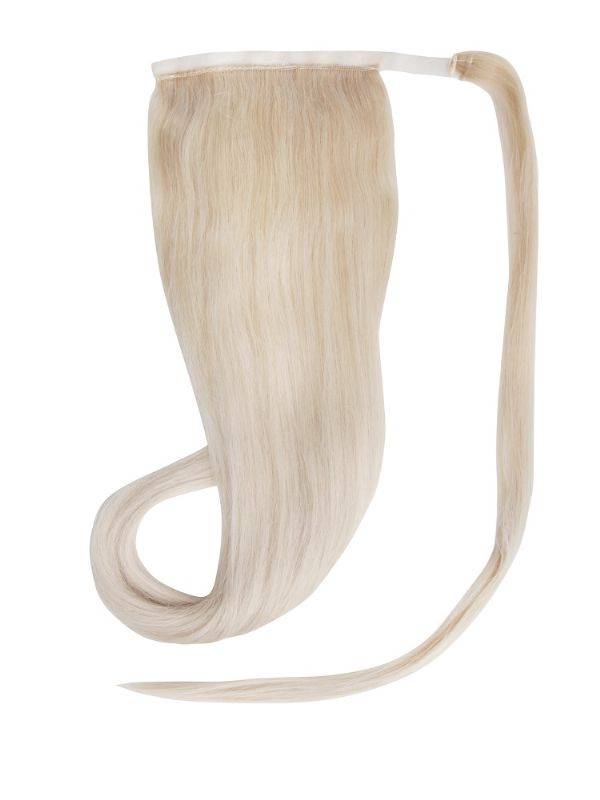 Ponytail ash blonde hair extensions made of 100% Indian human Remy hair with secure velcro and lace weft for added length and volume