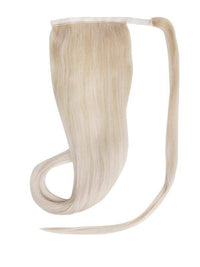 Ponytail ash blonde hair extensions made of 100% Indian human Remy hair with secure velcro and lace weft for added length and volume