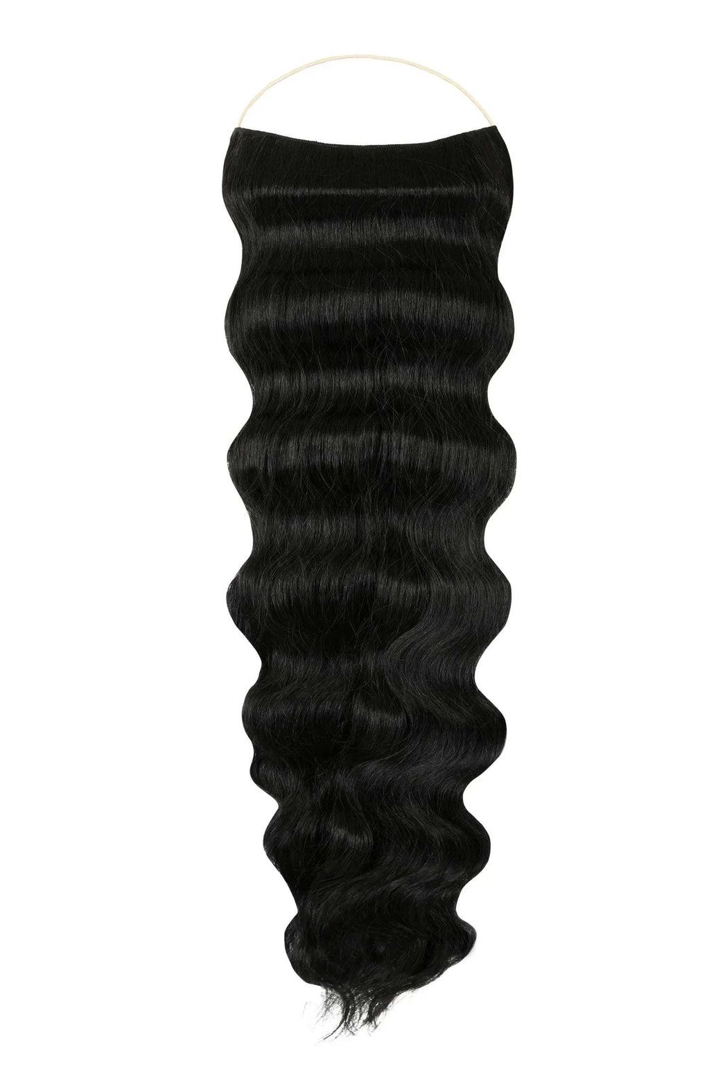 Close-up of wavy Syn Halo hair extensions made from premium Kanekalon synthetic fiber for natural look and comfort
