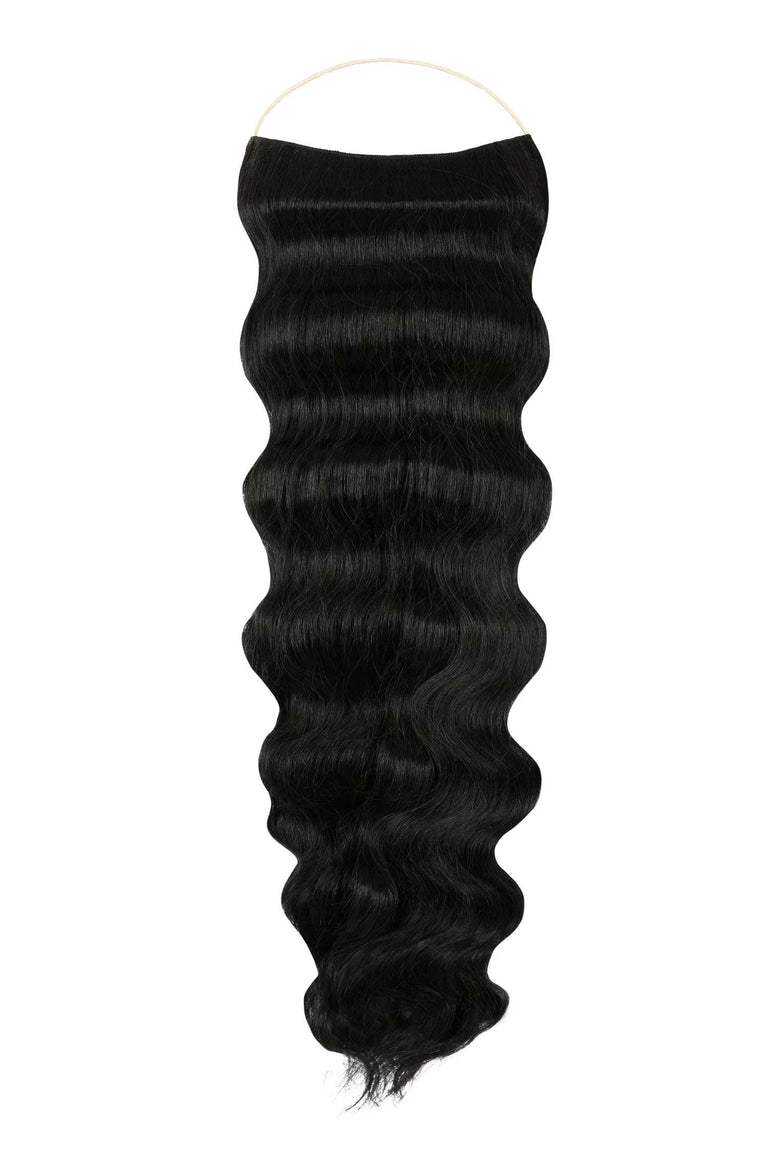 Close-up of wavy Syn Halo hair extensions made from premium Kanekalon synthetic fiber for natural look and comfort