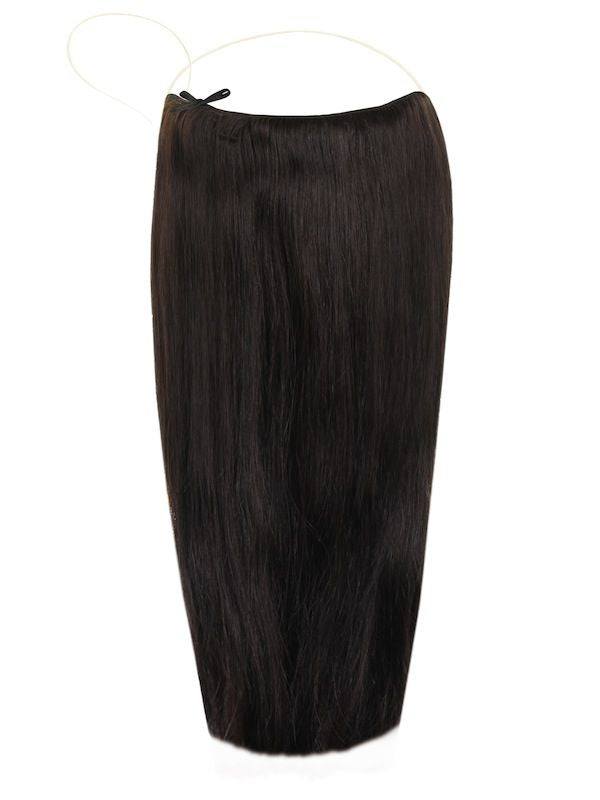 Deluxe Halo Hair Extensions Jet Black #1 with adjustable clear wire and no clips or glue for natural look