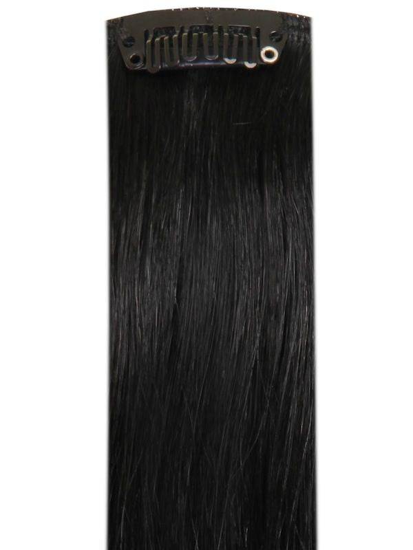Full head clip-in jet black hair extensions with 14 clips and 8 pieces of Indian Remy human hair
