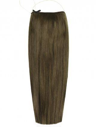 Deluxe Halo Hair Extensions in Dark Ash Brown #7, 16 and 20 inch lengths with adjustable clear wire and no-damage design