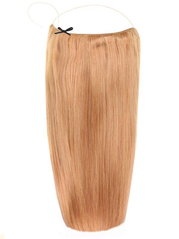 Close-up of Mousy Brown #14 Halo Hair Extensions with adjustable clear wire and lace width