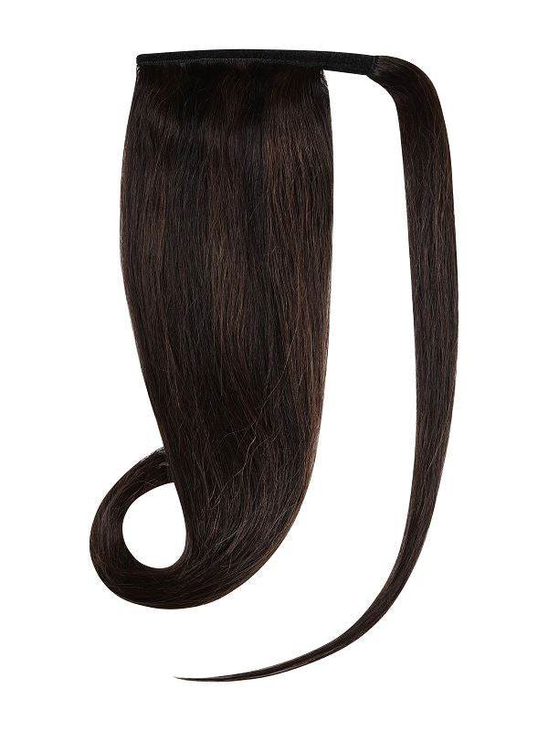 Ponytail hair extensions in espresso #1B/2 color made of 100% Indian human Remy hair, shown in 20 and 24 inch lengths with velcro and lace weft for easy styling and added volume.