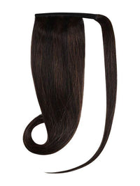 Ponytail hair extensions in espresso #1B/2 color made of 100% Indian human Remy hair, shown in 20 and 24 inch lengths with velcro and lace weft for easy styling and added volume.