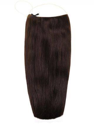 Premium Halo dark brown #2 hair extensions with adjustable clear wire, 16" and 20" lengths, no clips or glue, natural finish