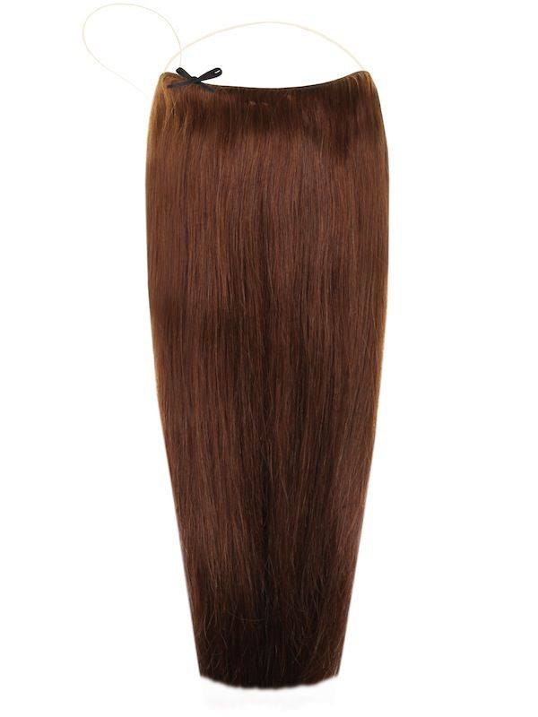 Deluxe Halo Hair Extensions in Chocolate Brown #4 with adjustable clear wire and natural finish