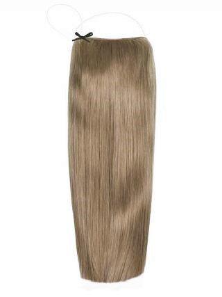 Premium Halo Hair Extensions in Ash Brown #11 with adjustable clear wire and no-damage design