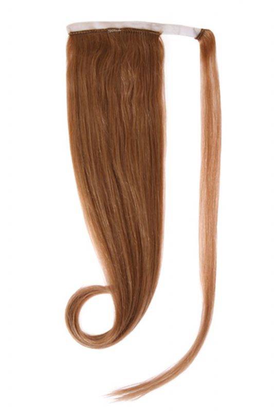 Ponytail hair extensions in golden brown #12 made from 100% Indian human Remy hair, available in 20" and 24" lengths, designed to add length and volume with a secure velcro and comb attachment.