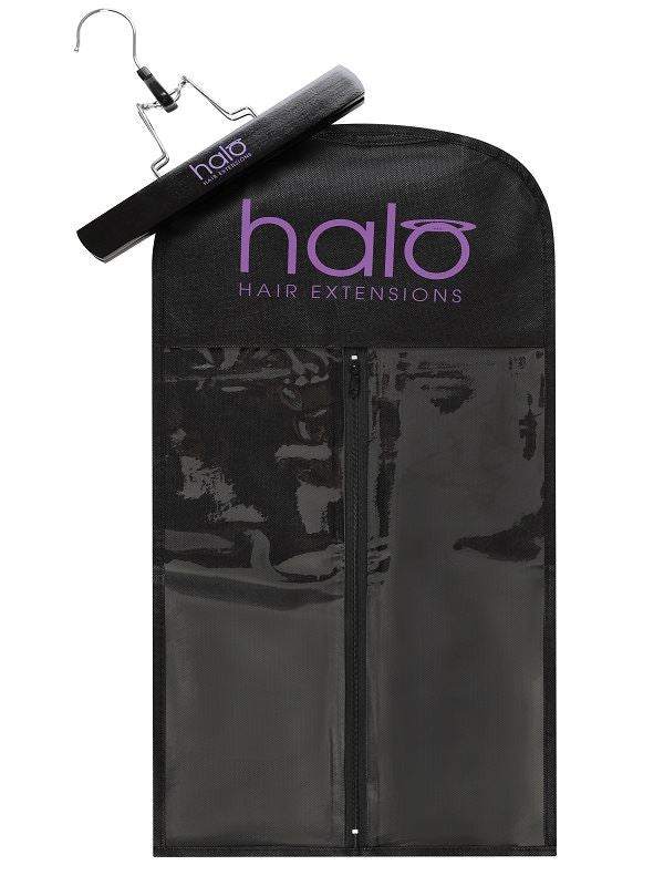 Halo Style & Store Hanger Set with transparent zip-up bag and secure clamp for Halo Hair Extensions storage and care