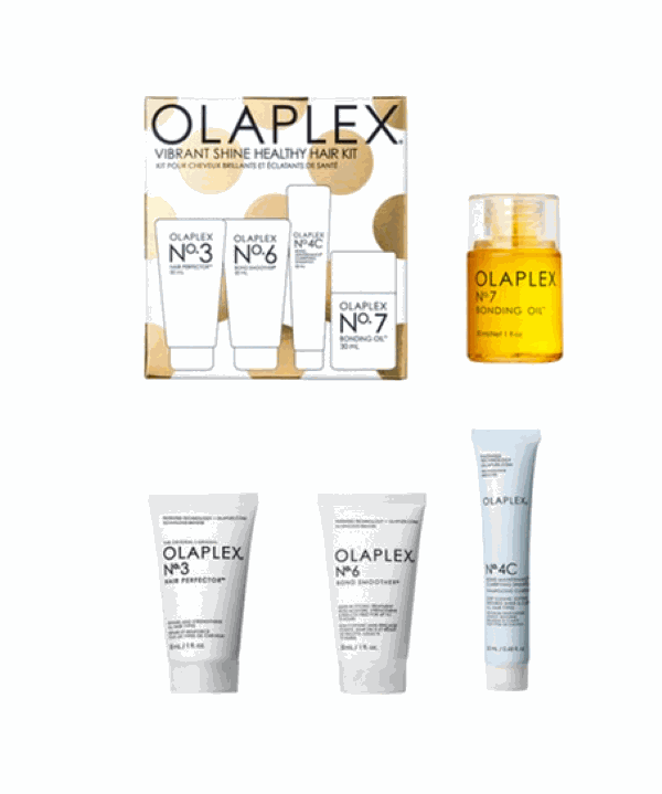 OLAPLEX Vibrant Hair Shine kit with No.3, No.4C, No.6, and No.7 Bonding Oil for healthy, shiny hair